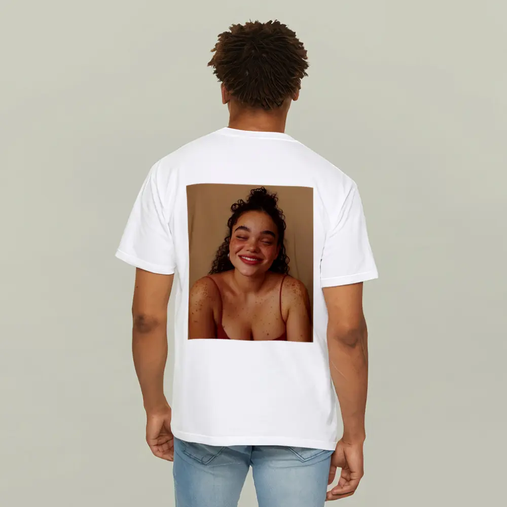 Smiling Young Woman Freckles Beige Background – T-Shirts