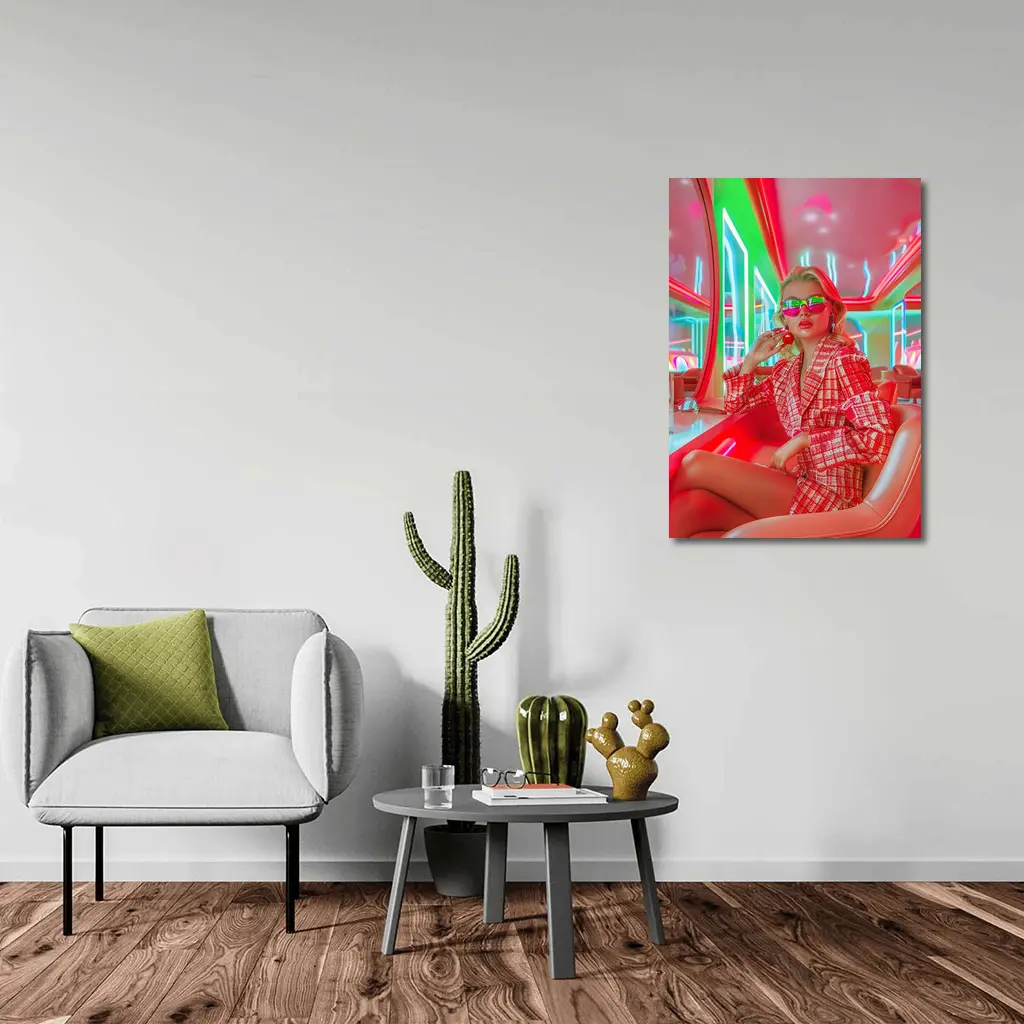 Blonde Woman Neon Interior Red Plaid Fashion – Wall Art