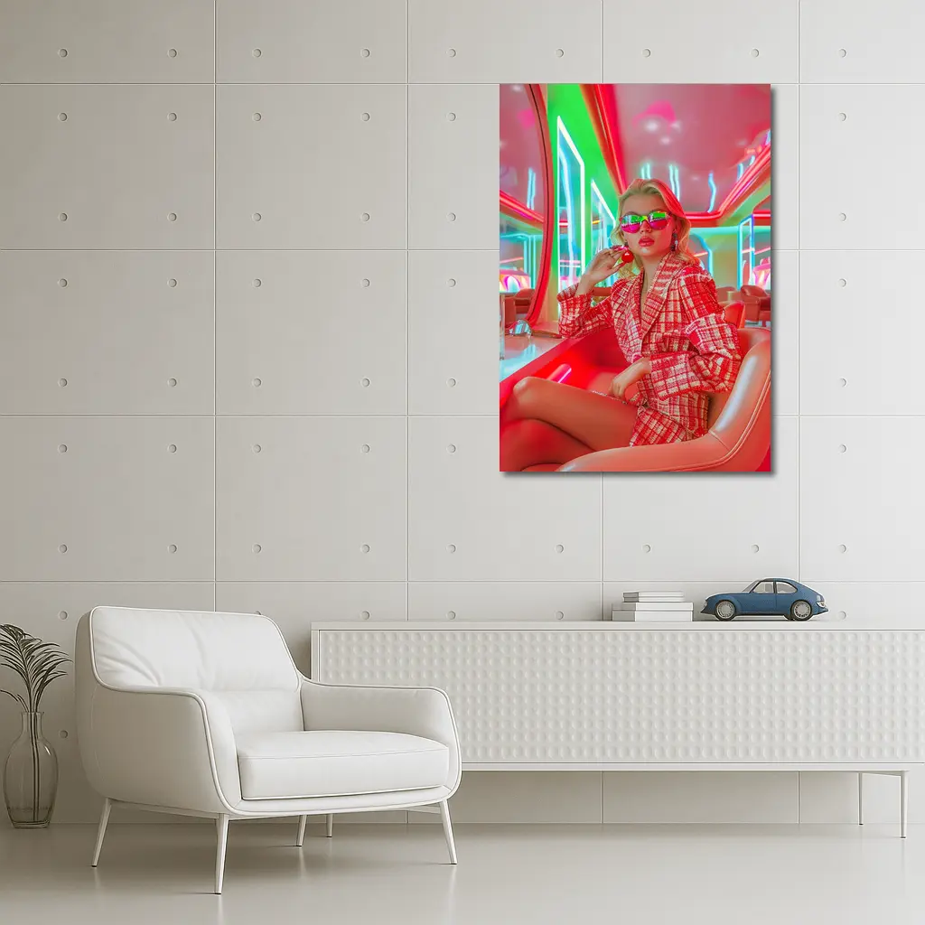 Blonde Woman Neon Interior Red Plaid Fashion – Wall Art