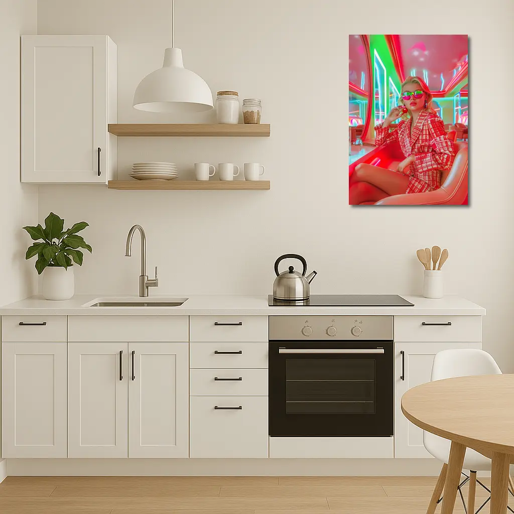 Blonde Woman Neon Interior Red Plaid Fashion – Wall Art