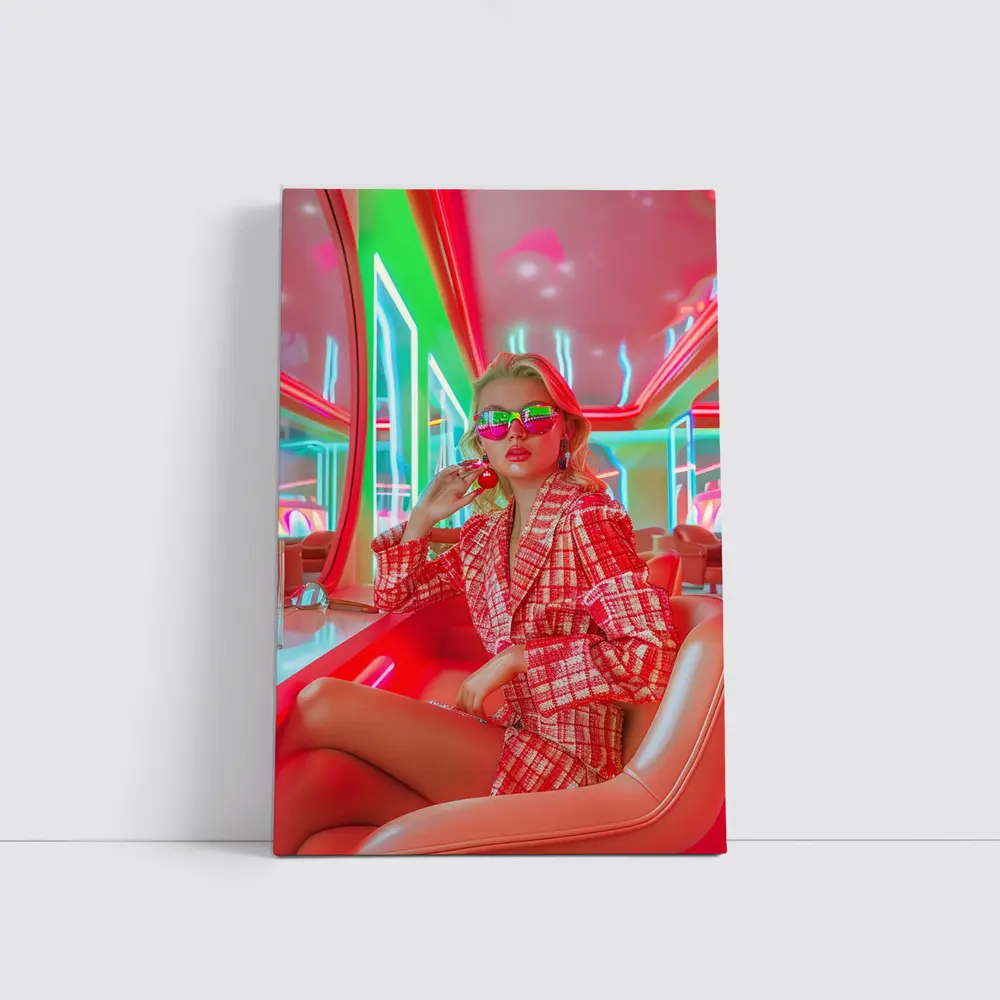 Blonde Woman Neon Interior Red Plaid Fashion – Wall Art