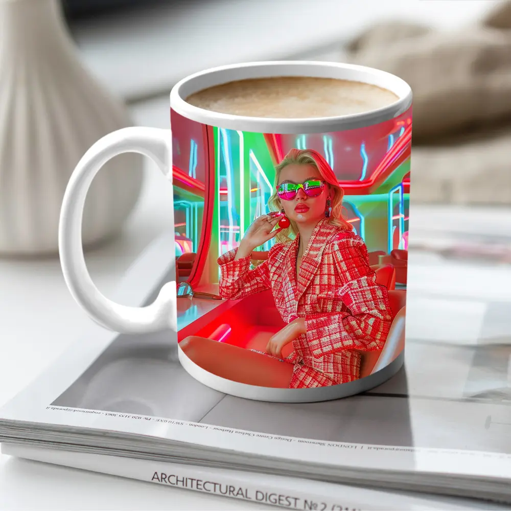Blonde Woman Neon Interior Red Plaid Fashion – Mugs