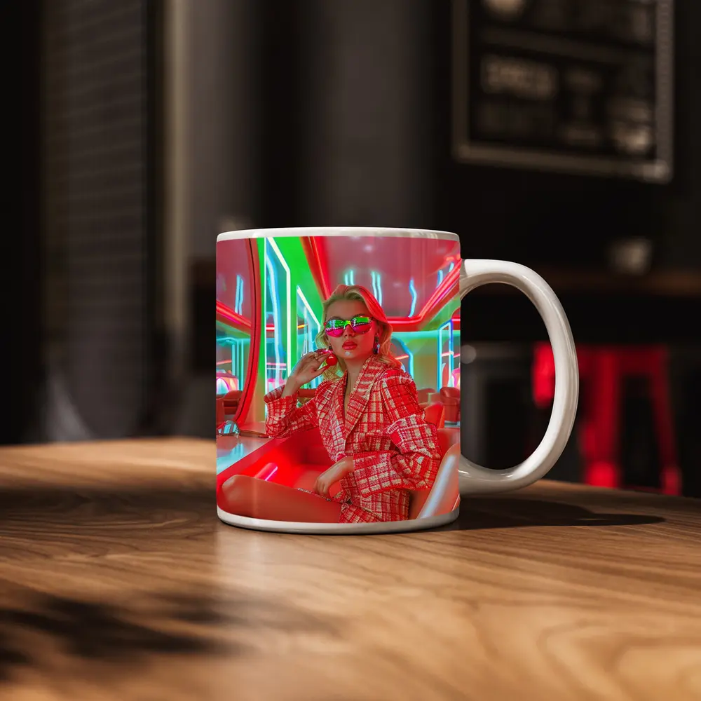 Blonde Woman Neon Interior Red Plaid Fashion – Mugs