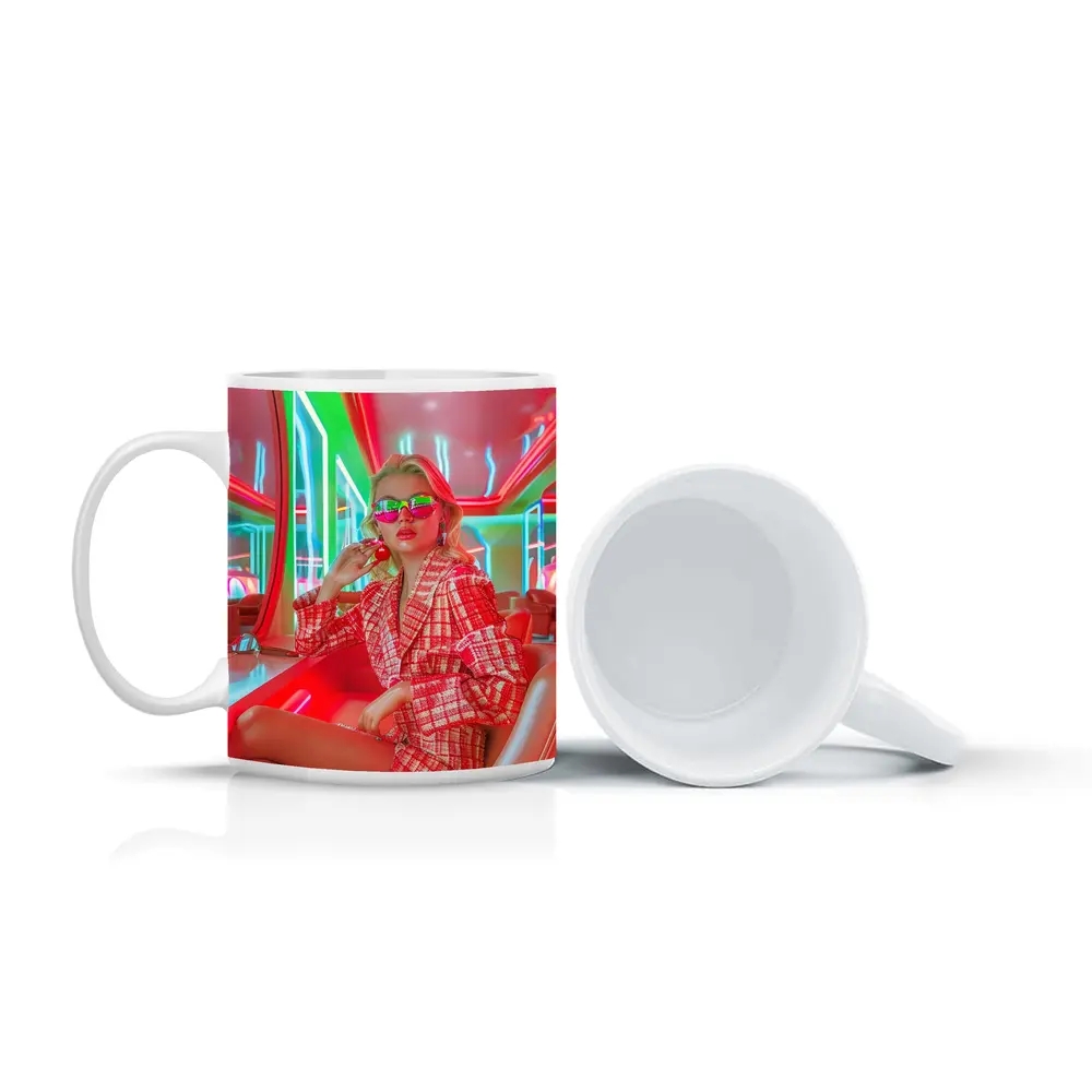 Blonde Woman Neon Interior Red Plaid Fashion – Mugs