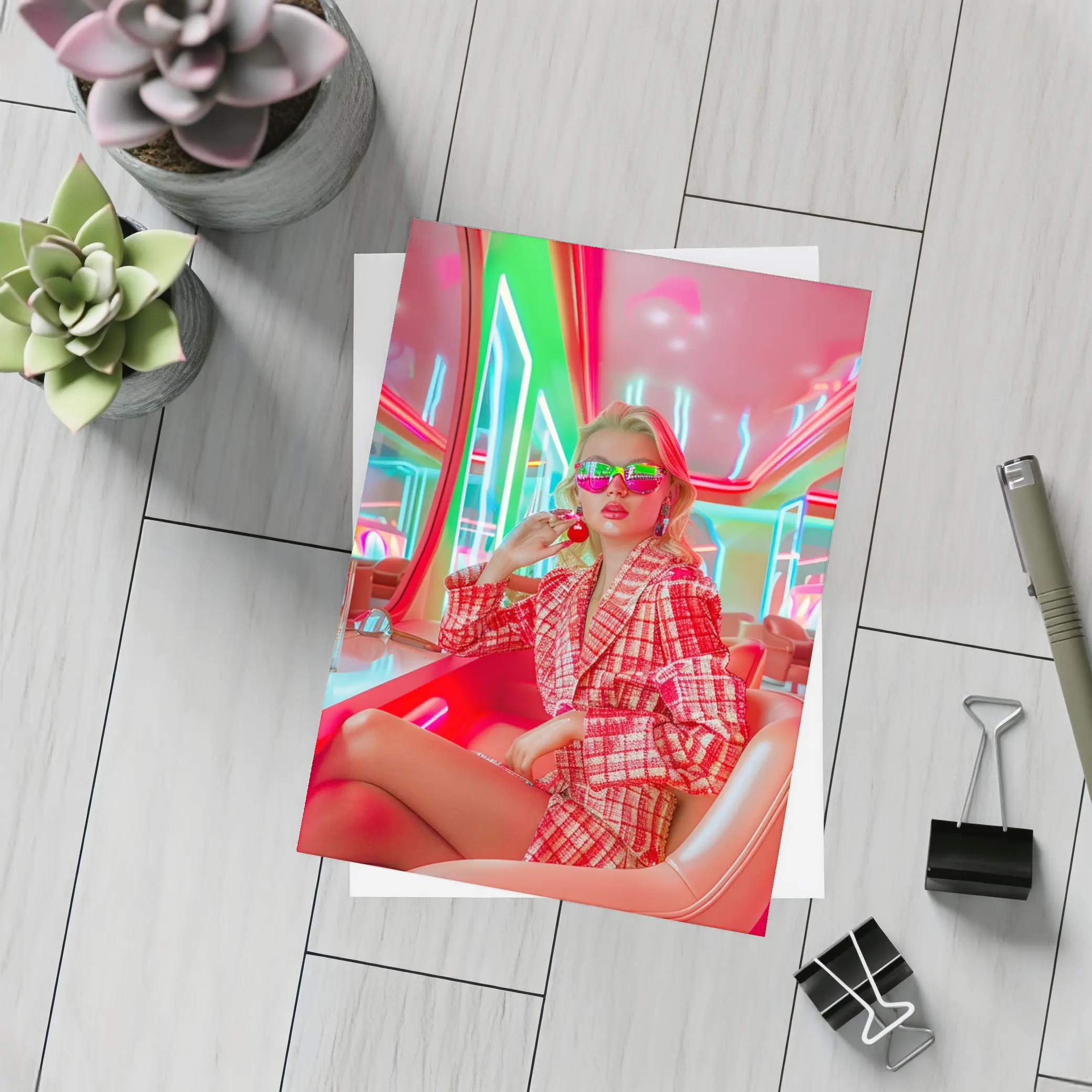 Blonde Woman Neon Interior Red Plaid Fashion – Postcards
