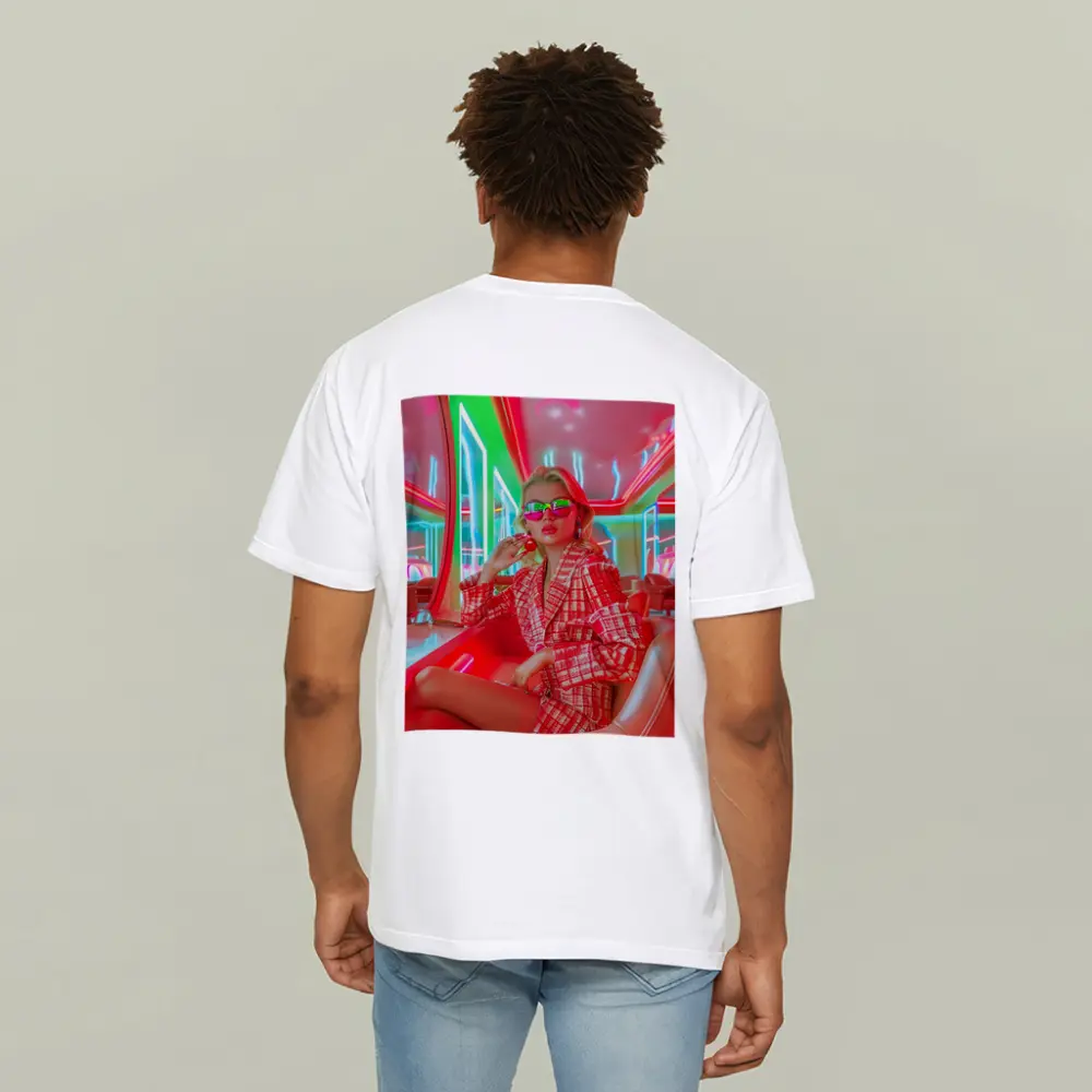 Blonde Woman Neon Interior Red Plaid Fashion – T-Shirts