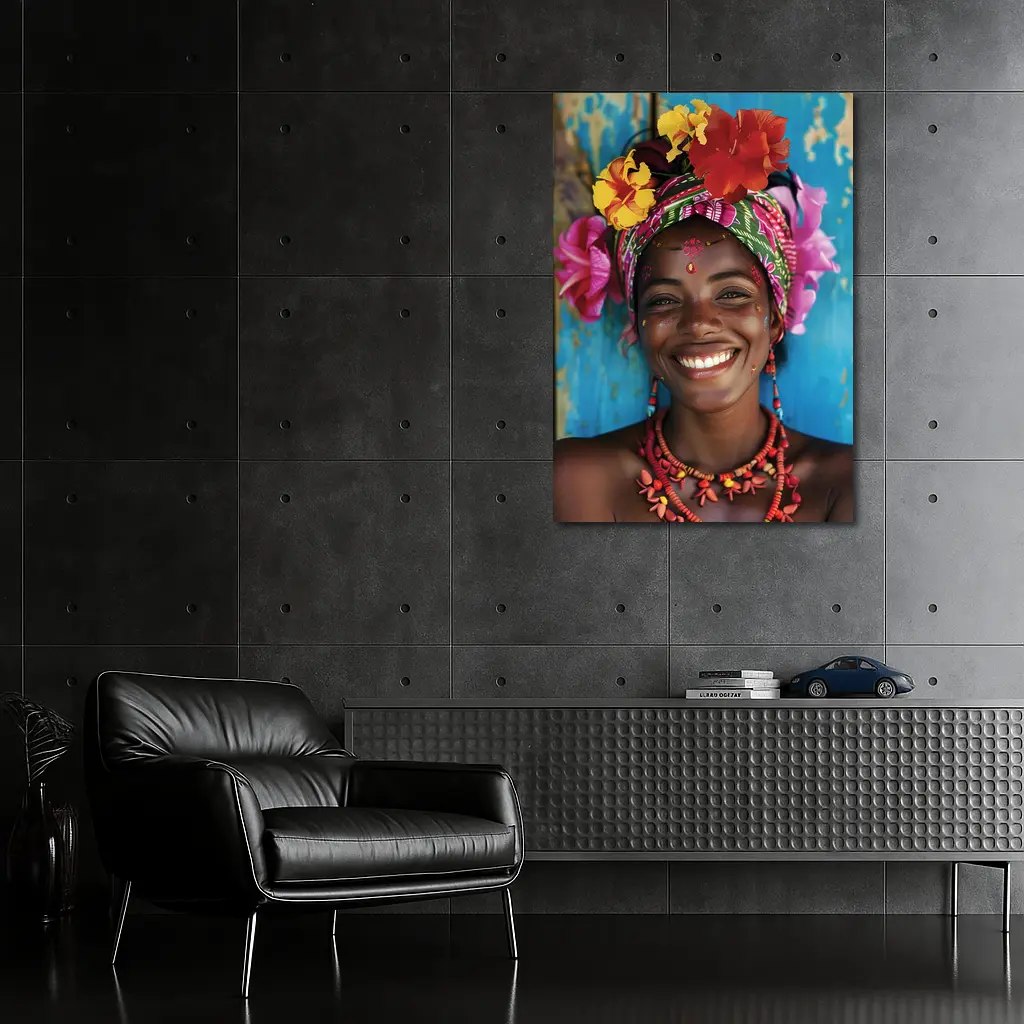 Smiling Woman Colorful Floral Headwrap Blue Background – Wall Art