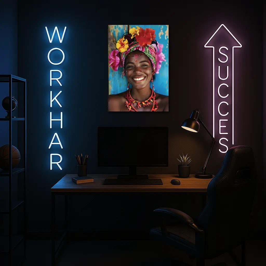 Smiling Woman Colorful Floral Headwrap Blue Background – Wall Art