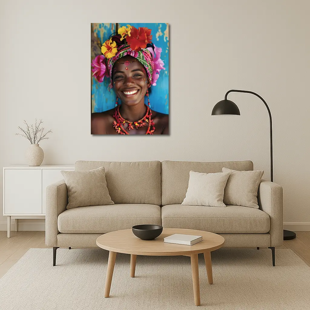 Smiling Woman Colorful Floral Headwrap Blue Background – Wall Art