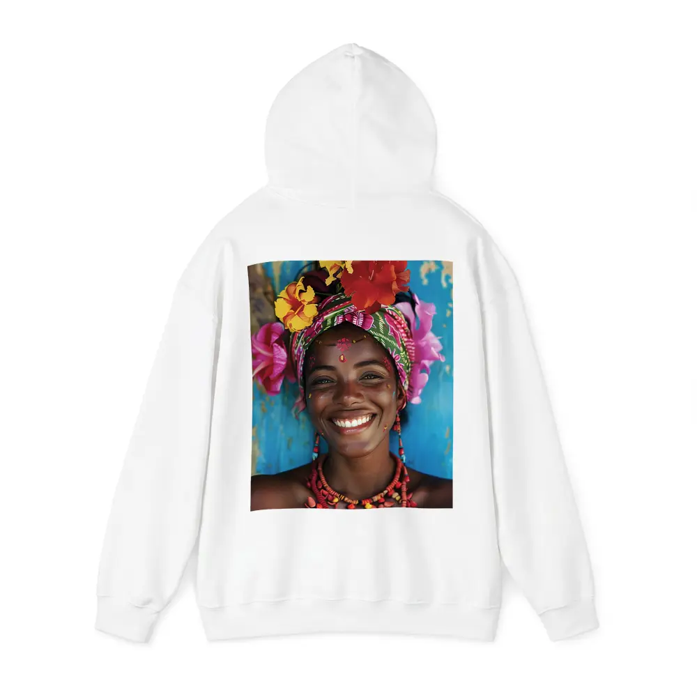 Smiling Woman Colorful Floral Headwrap Blue Background – Hoodies