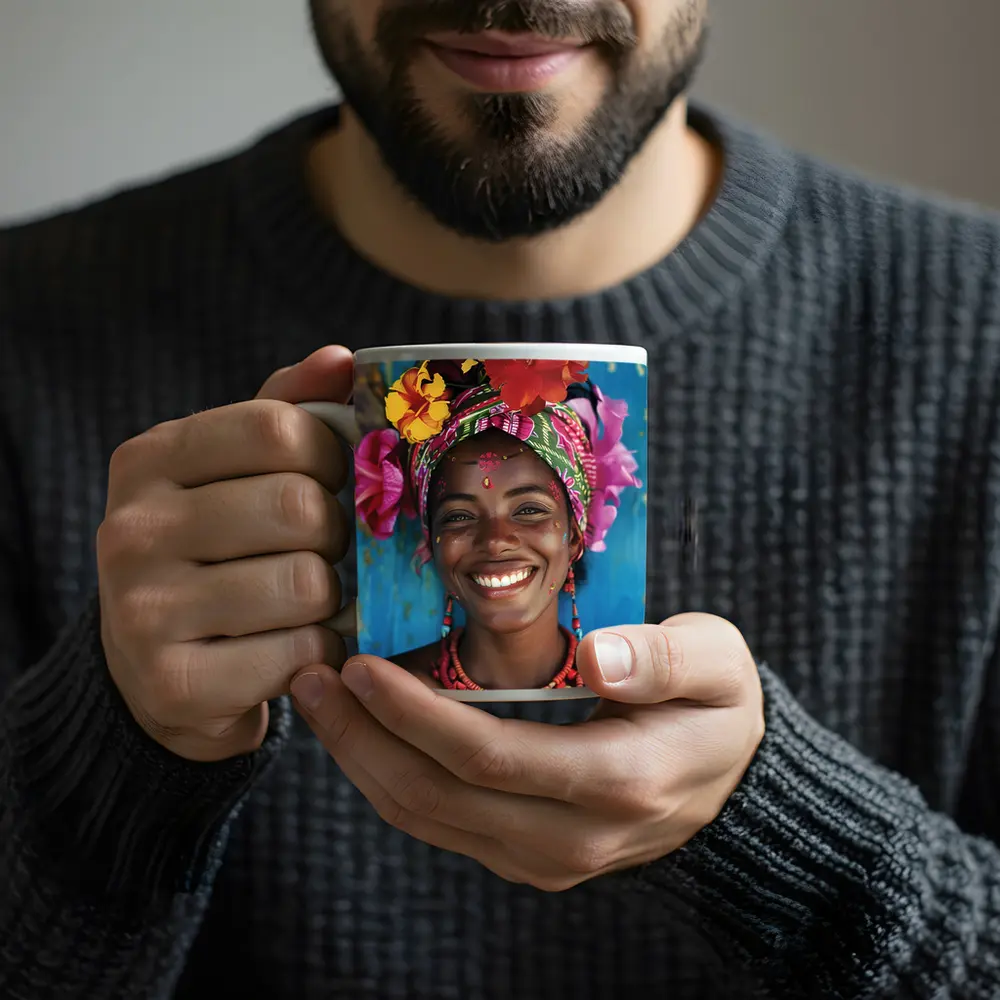 Smiling Woman Colorful Floral Headwrap Blue Background – Mugs