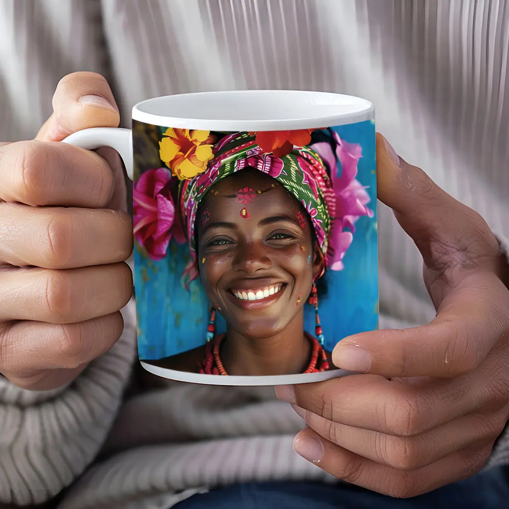 Smiling Woman Colorful Floral Headwrap Blue Background – Mugs
