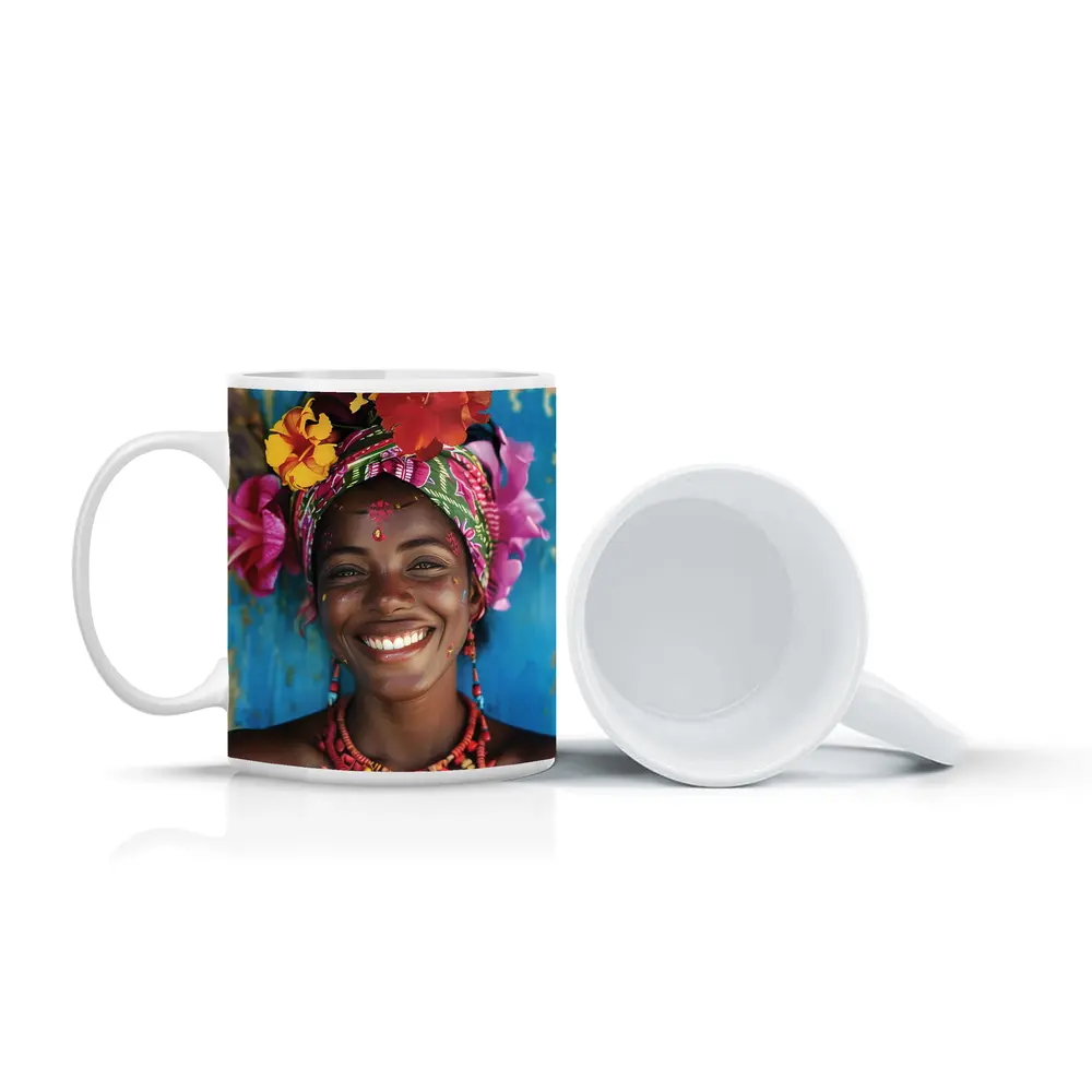 Smiling Woman Colorful Floral Headwrap Blue Background – Mugs