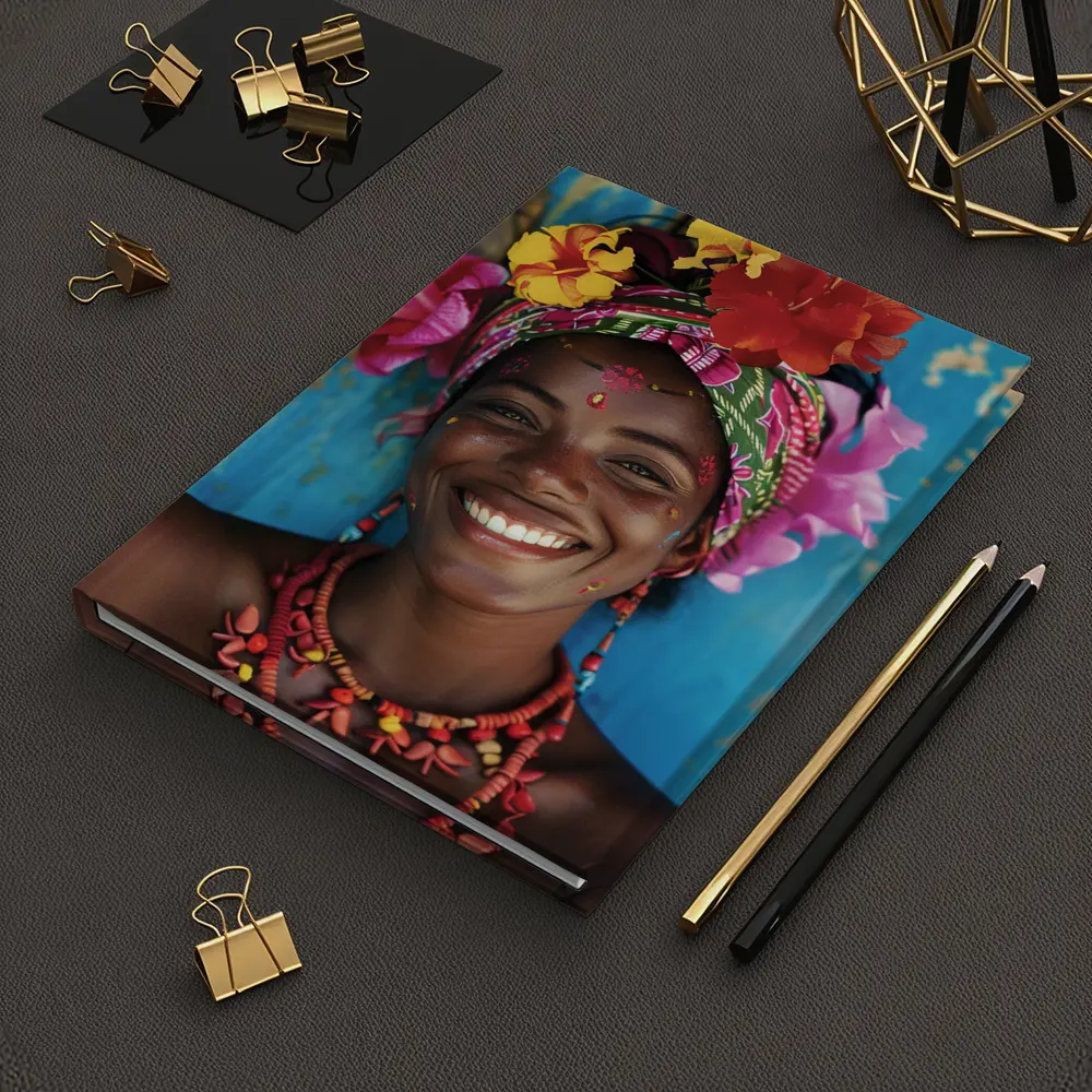 Smiling Woman Colorful Floral Headwrap Blue Background – Notebooks