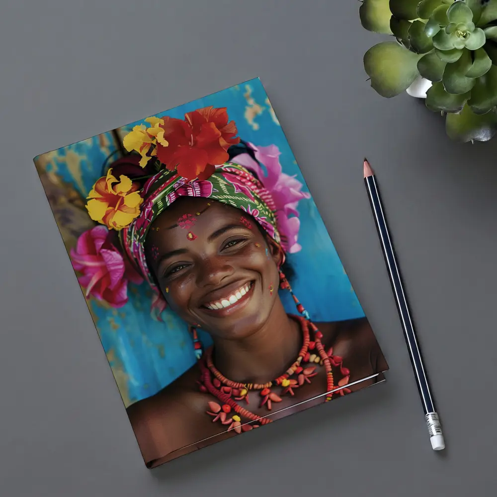 Smiling Woman Colorful Floral Headwrap Blue Background – Notebooks