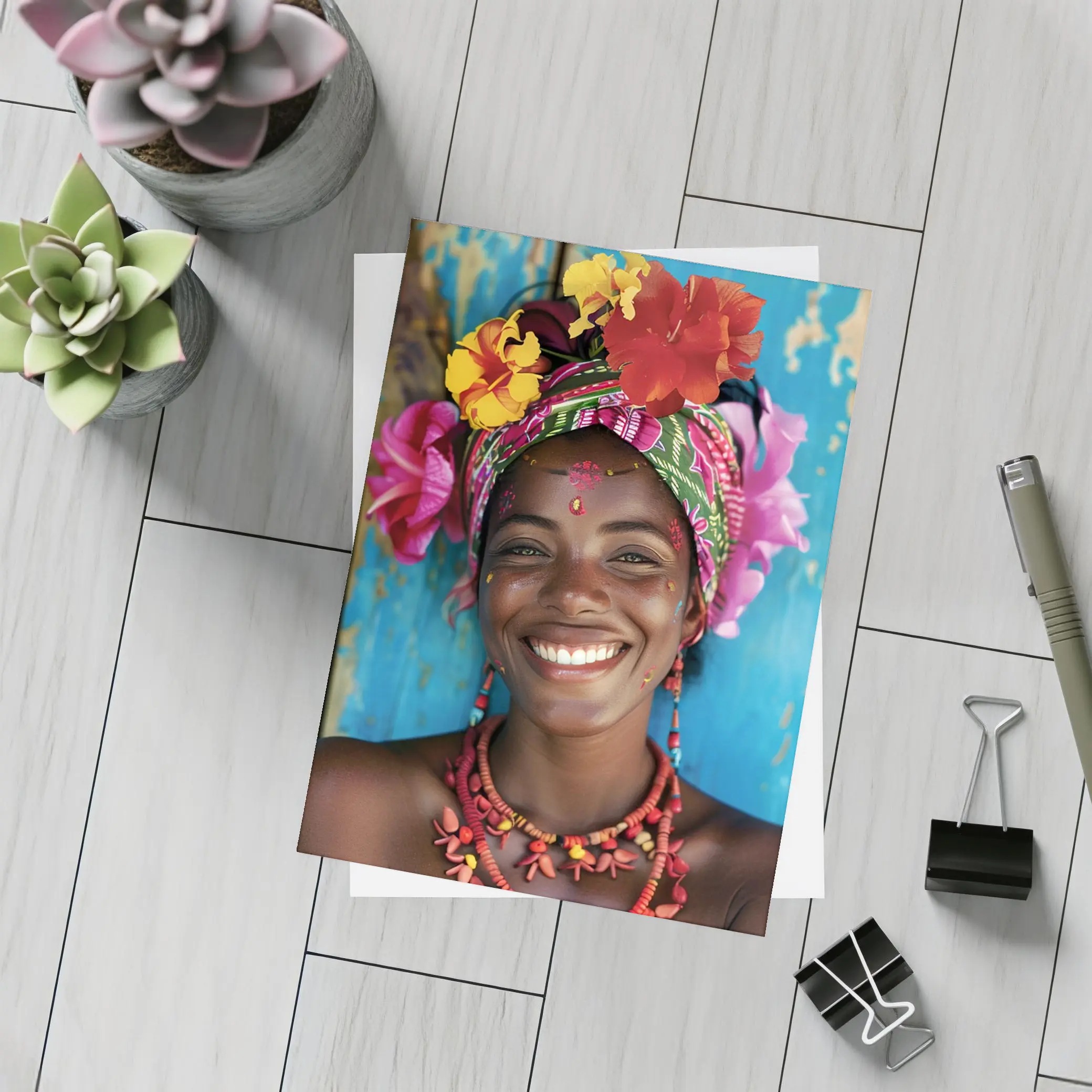 Smiling Woman Colorful Floral Headwrap Blue Background – Postcards