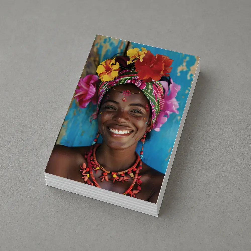 Smiling Woman Colorful Floral Headwrap Blue Background – Postcards