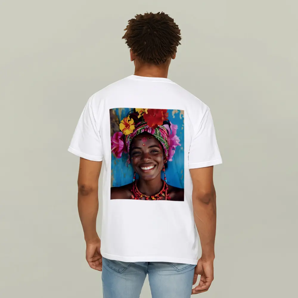 Smiling Woman Colorful Floral Headwrap Blue Background – T-Shirts