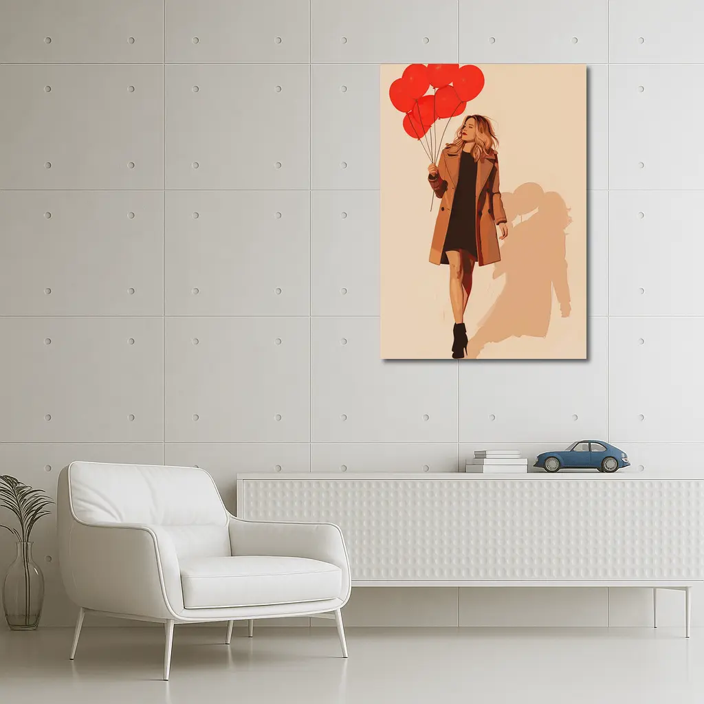 Woman Walking Red Balloons Minimal Fashion Art – Wall Art