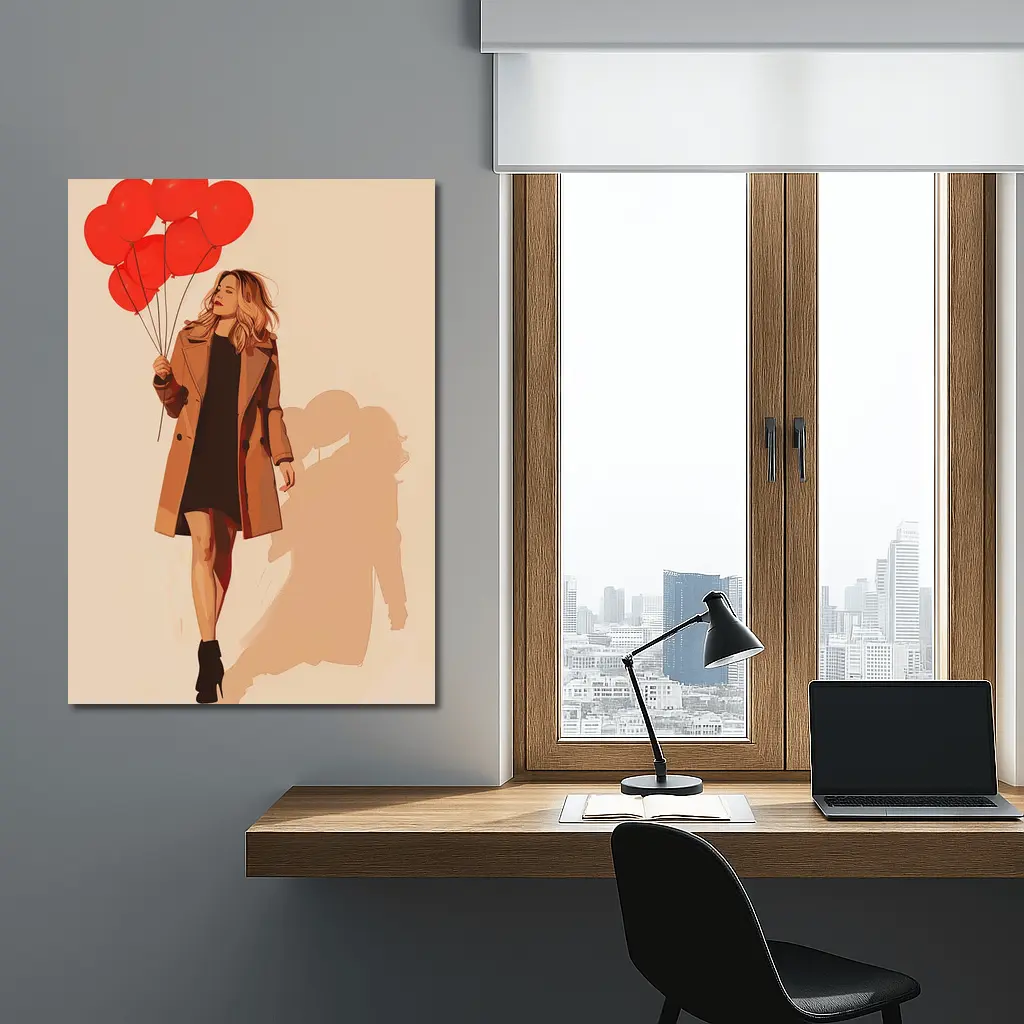 Woman Walking Red Balloons Minimal Fashion Art – Wall Art