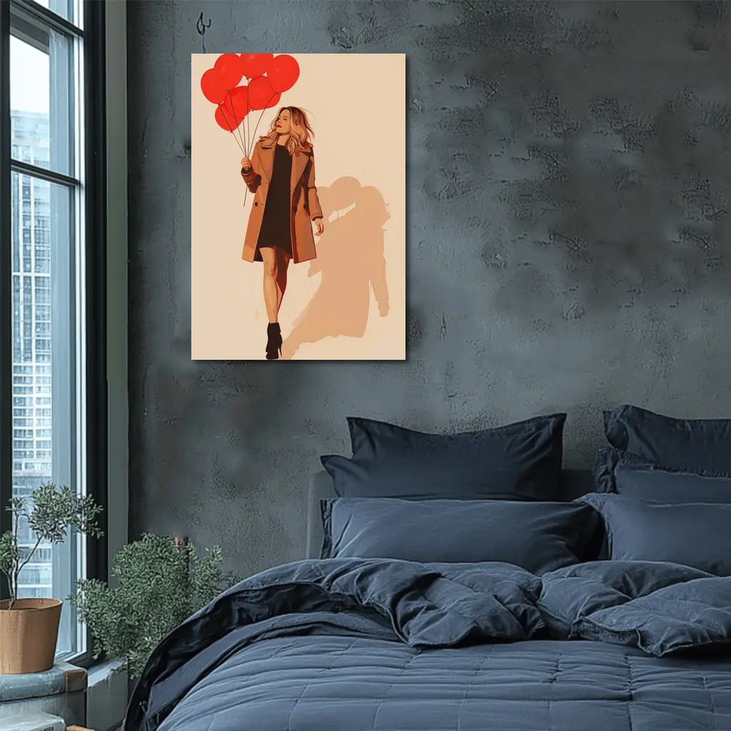 Woman Walking Red Balloons Minimal Fashion Art – Wall Art