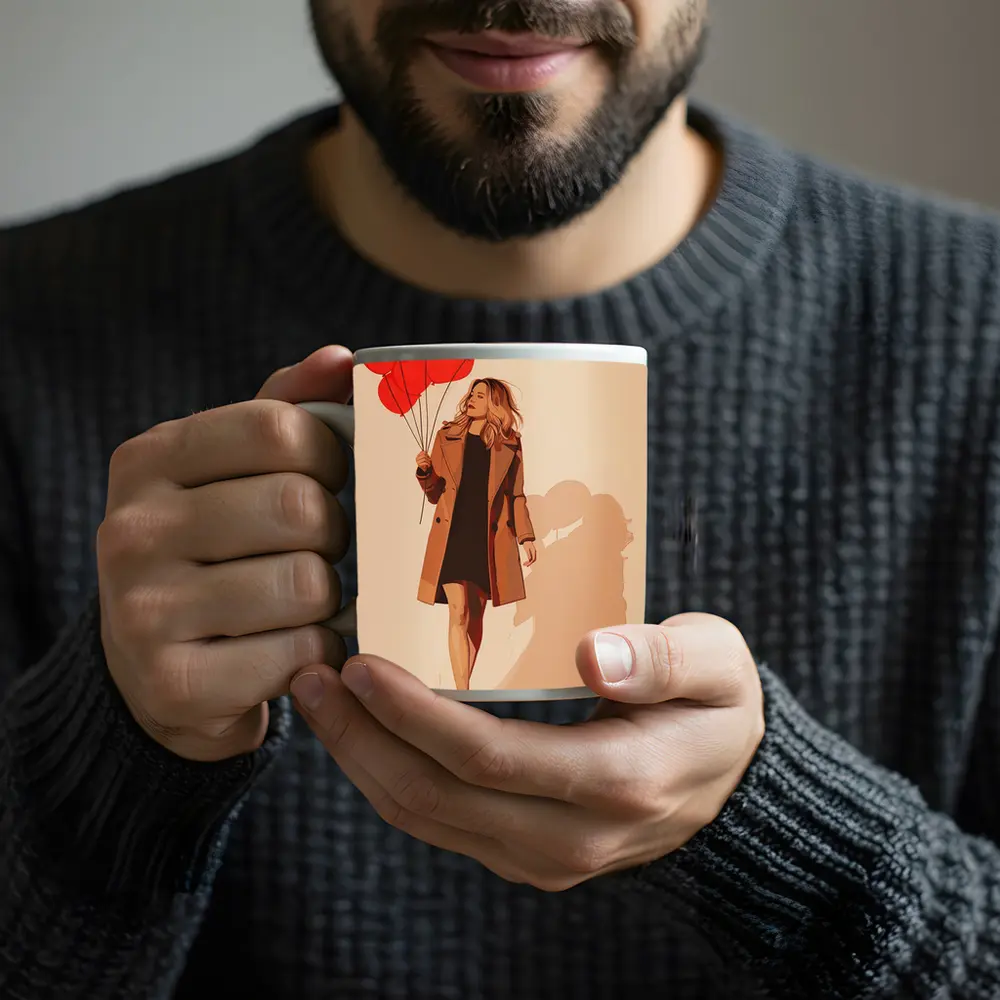 Woman Walking Red Balloons Minimal Fashion Art – Mugs