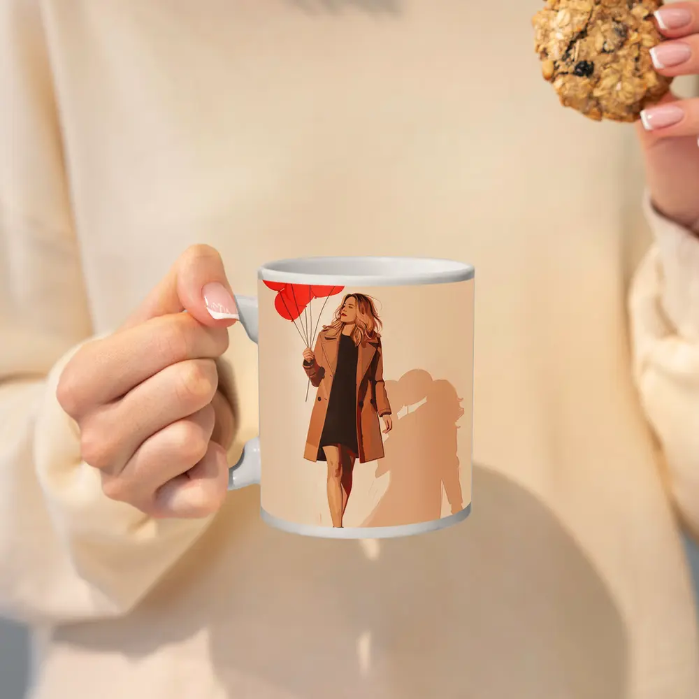 Woman Walking Red Balloons Minimal Fashion Art – Mugs
