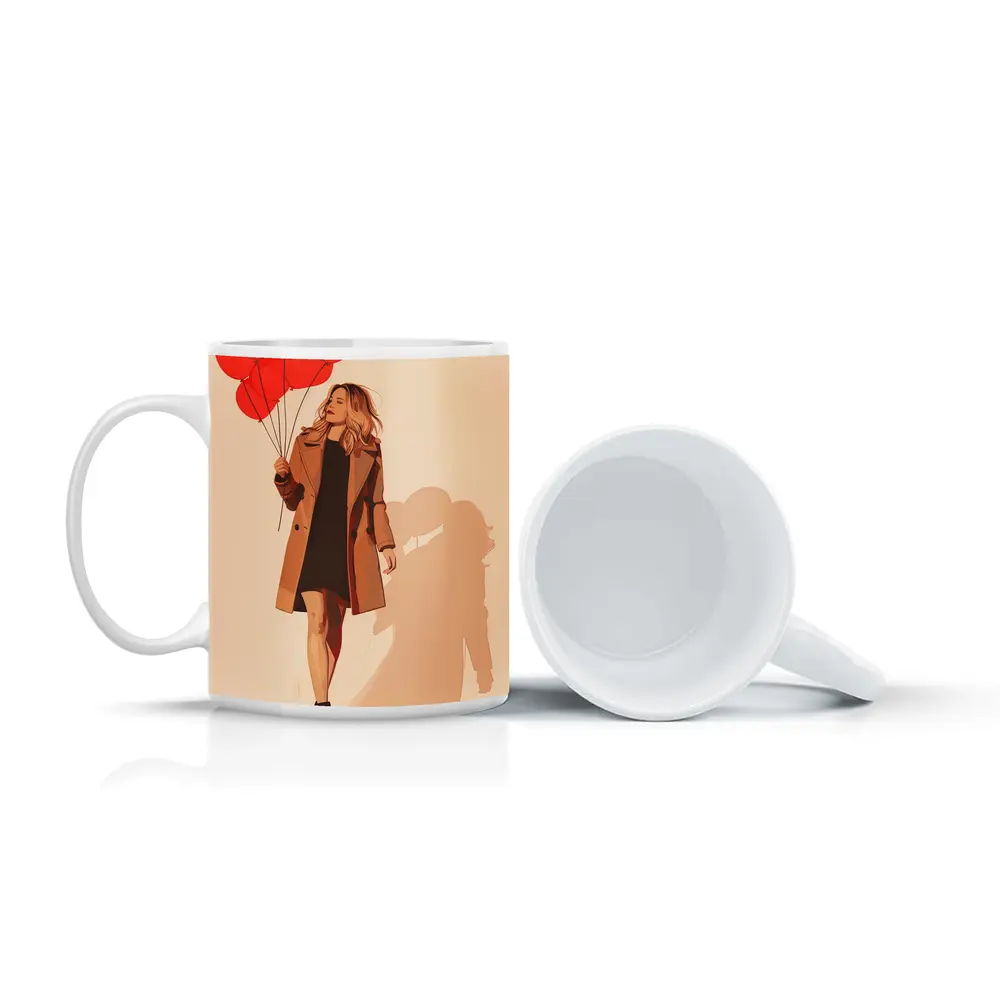 Woman Walking Red Balloons Minimal Fashion Art – Mugs