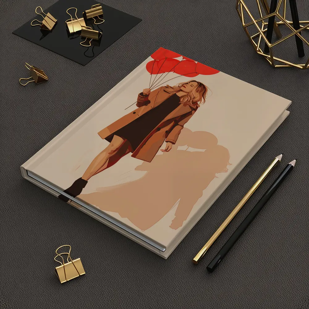 Woman Walking Red Balloons Minimal Fashion Art – Notebooks