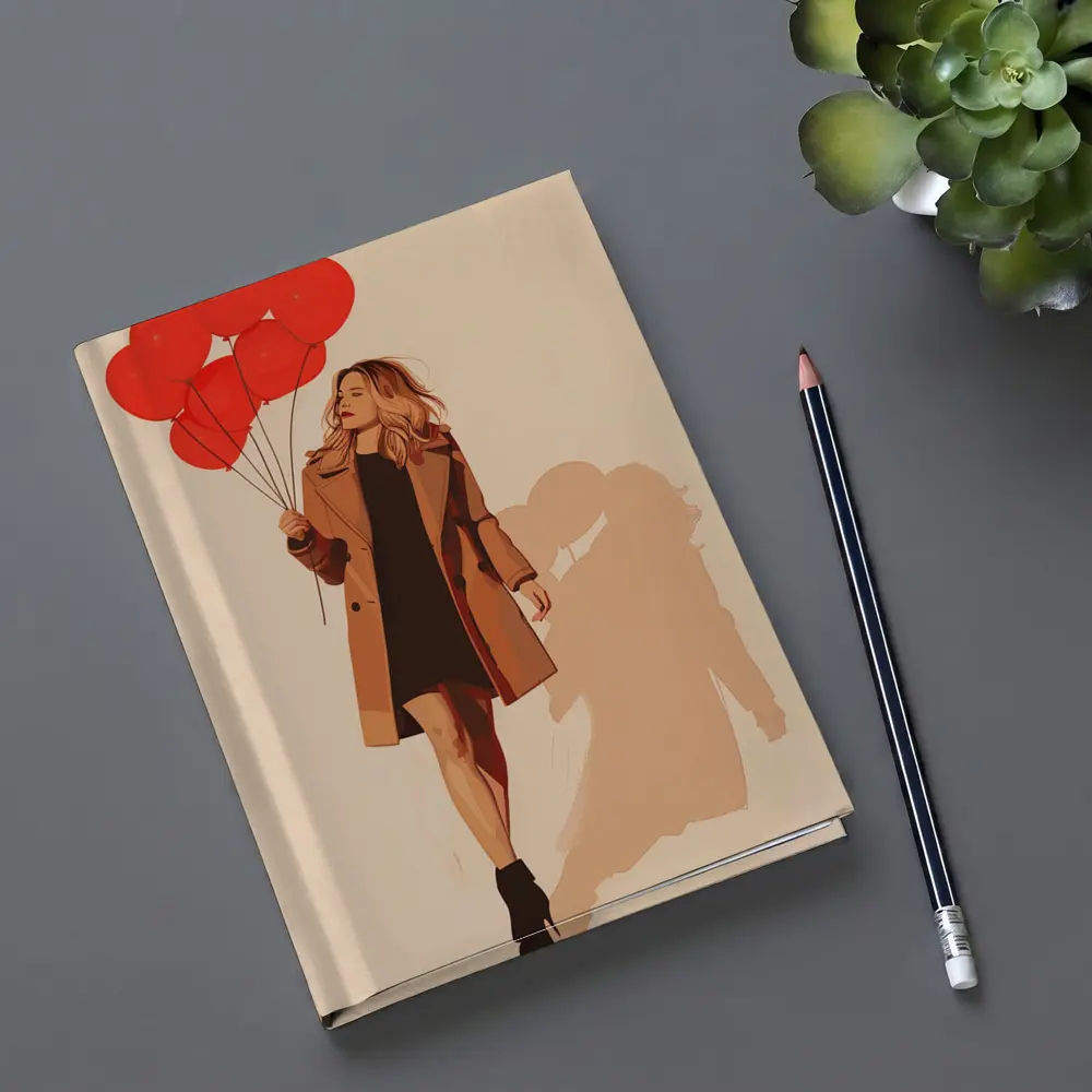 Woman Walking Red Balloons Minimal Fashion Art – Notebooks