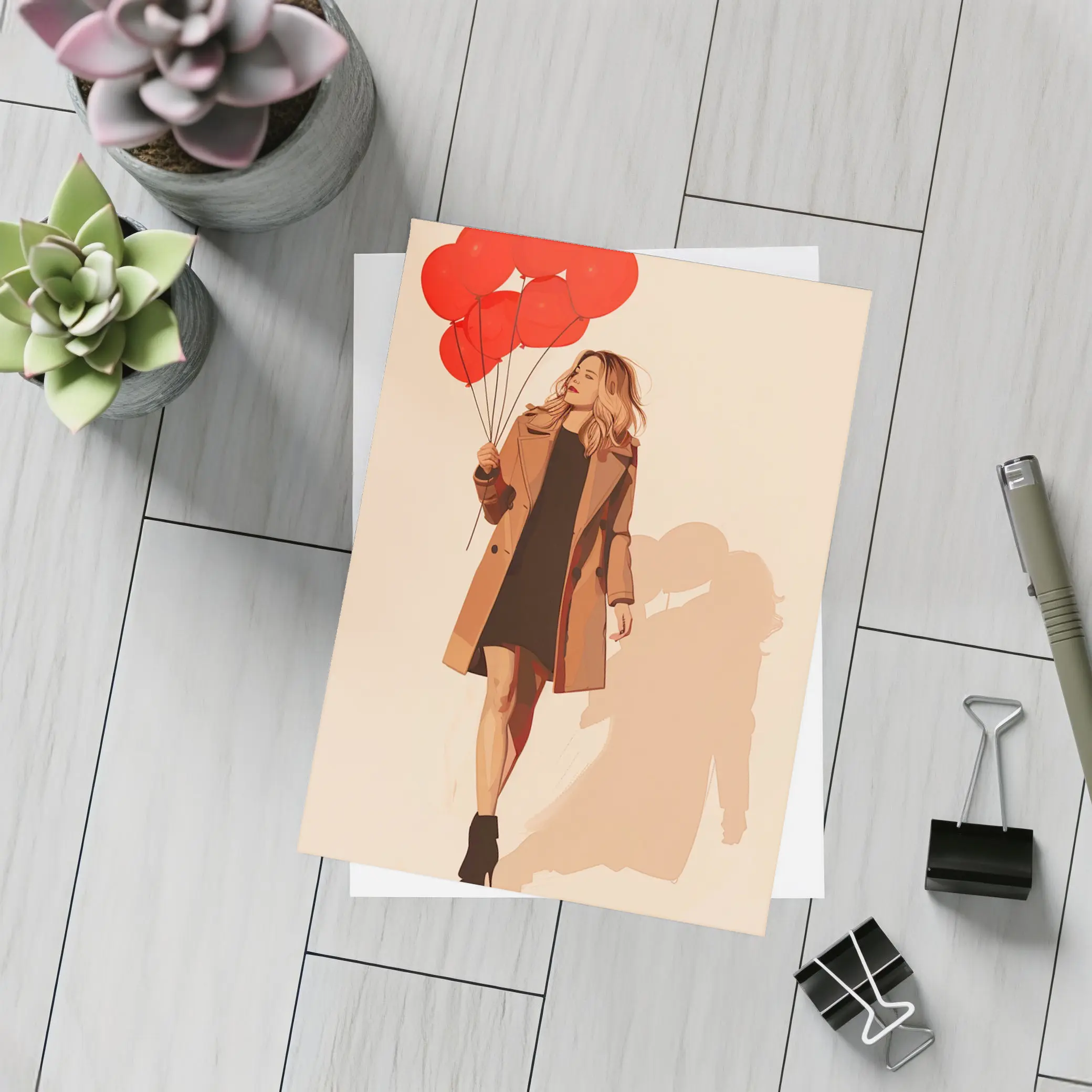 Woman Walking Red Balloons Minimal Fashion Art – Postcards