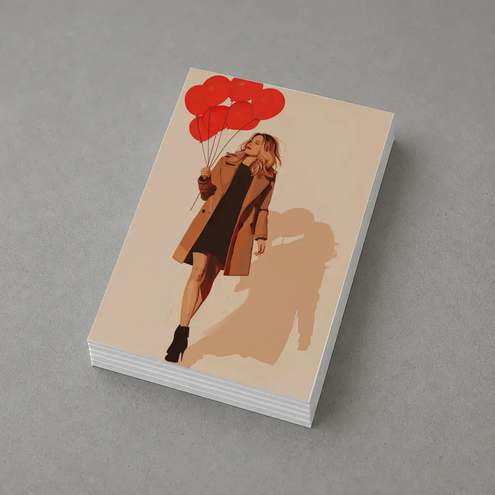 Woman Walking Red Balloons Minimal Fashion Art – Postcards