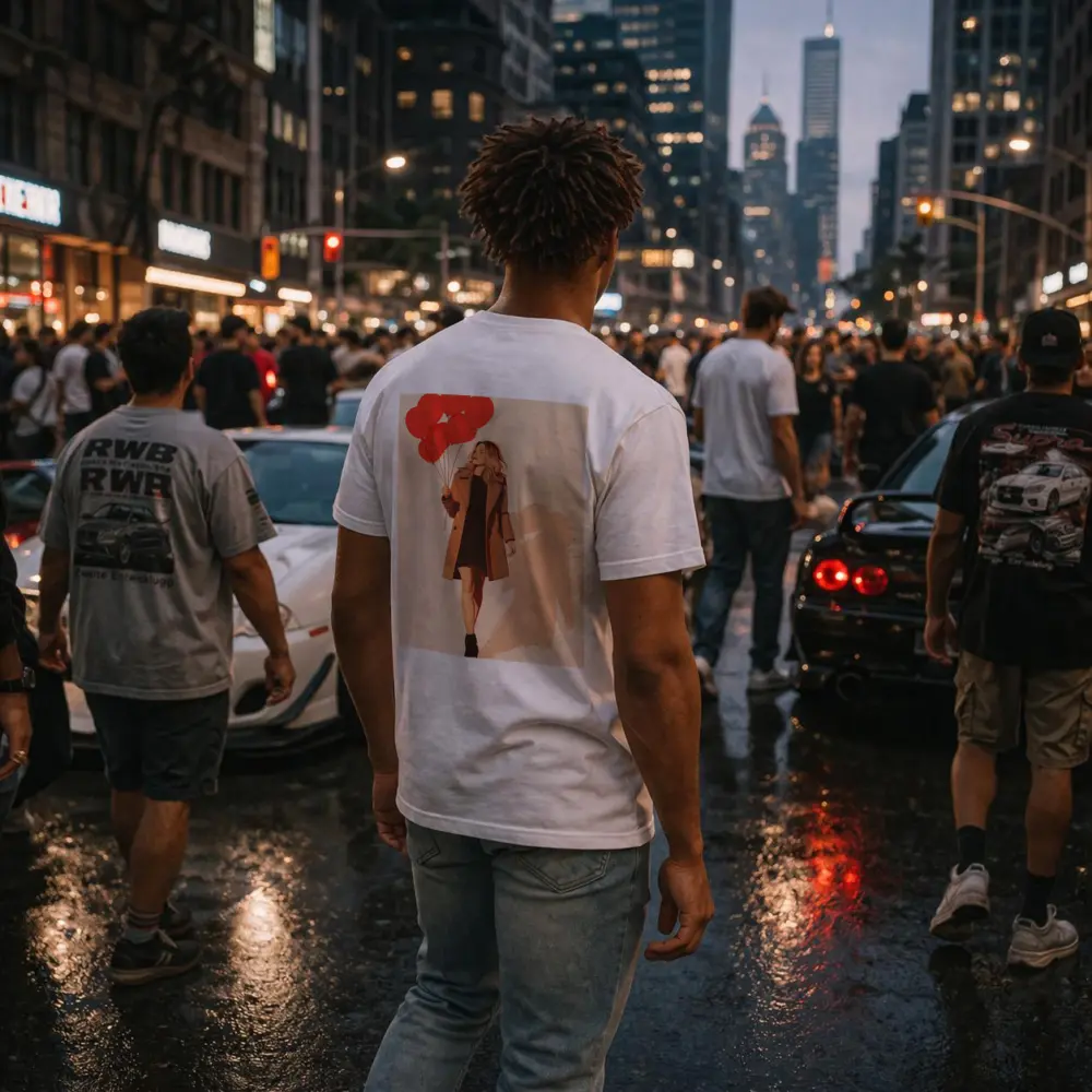 Woman Walking Red Balloons Minimal Fashion Art – T-Shirts