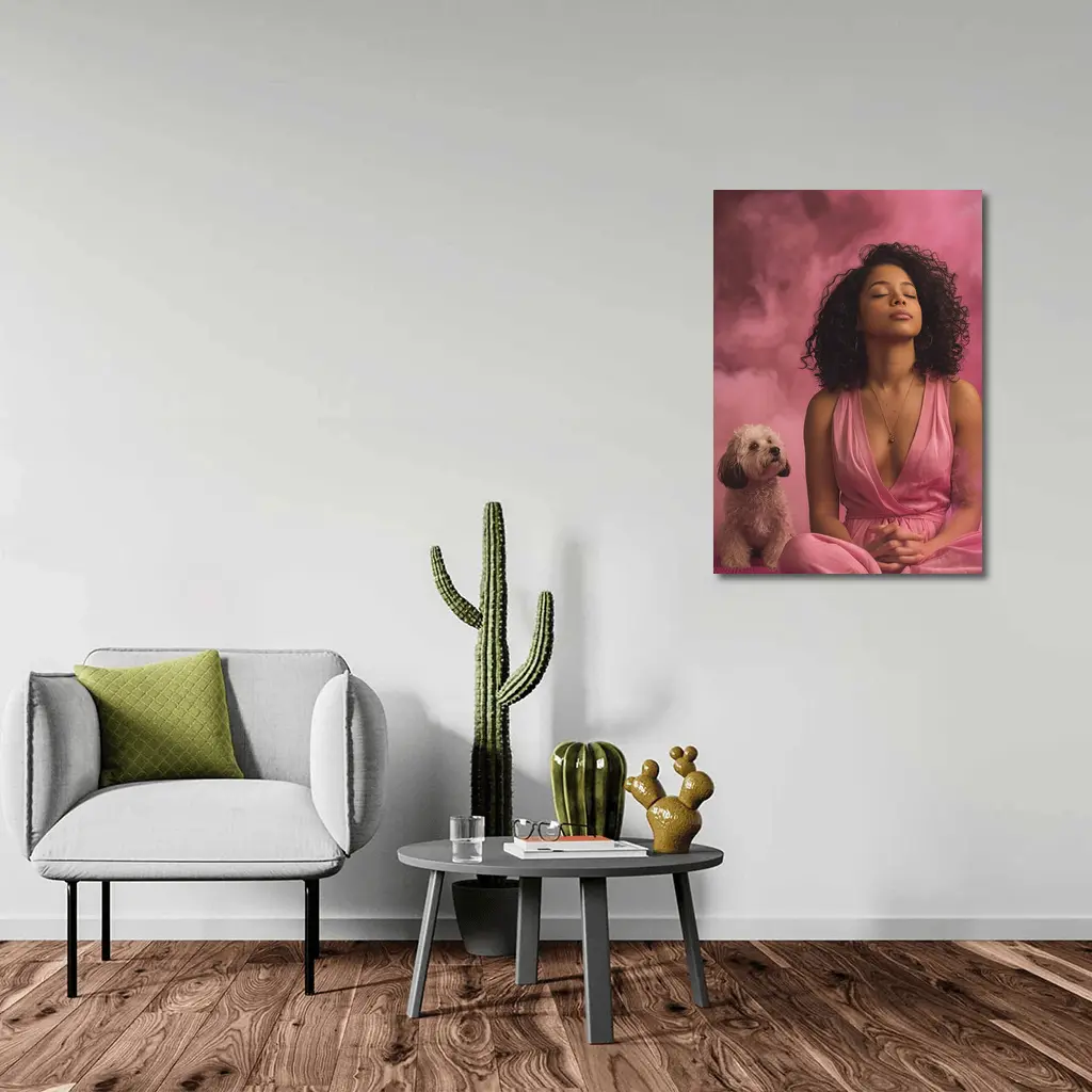Woman Meditating With Fluffy Dog Pink Background – Wall Art