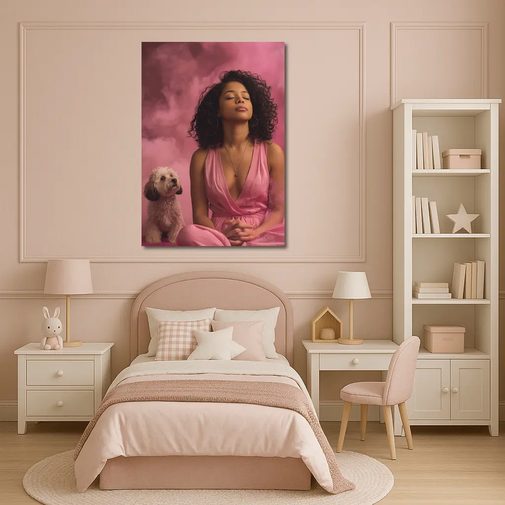Woman Meditating With Fluffy Dog Pink Background – Wall Art