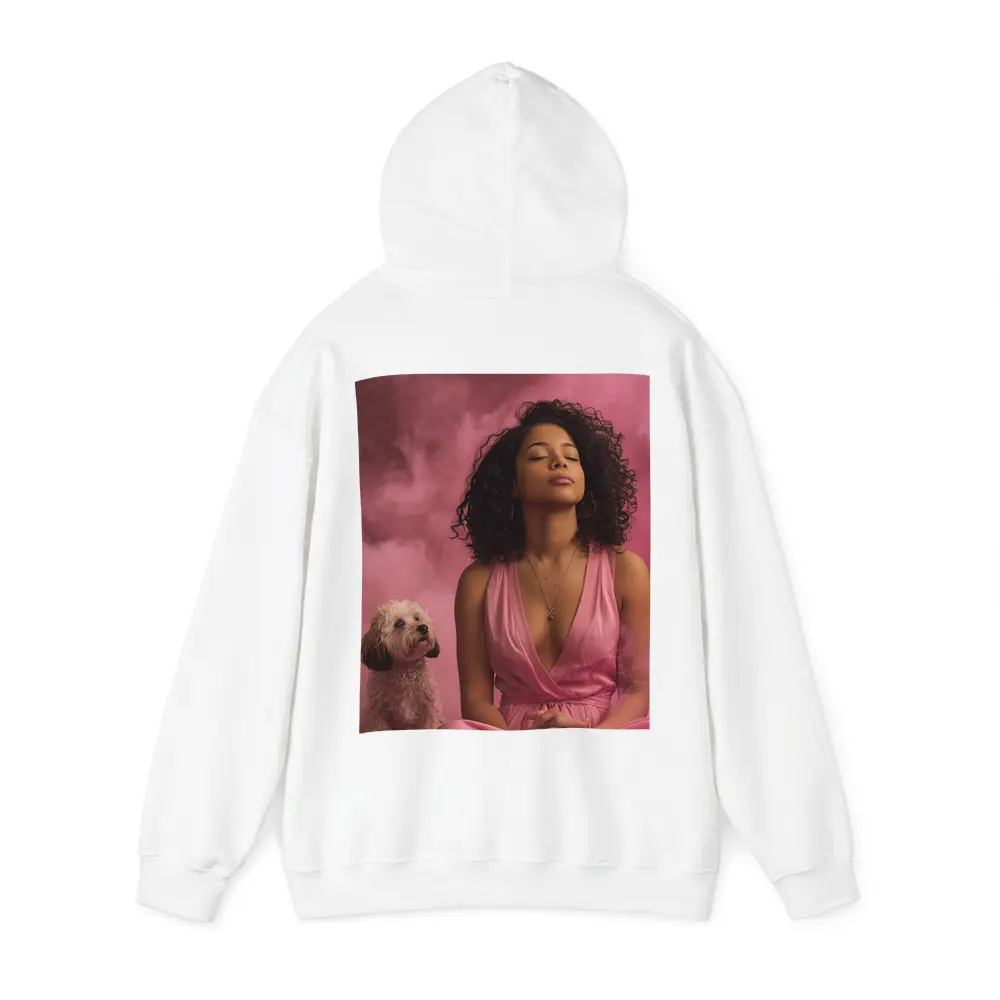 Woman Meditating With Fluffy Dog Pink Background – Hoodies