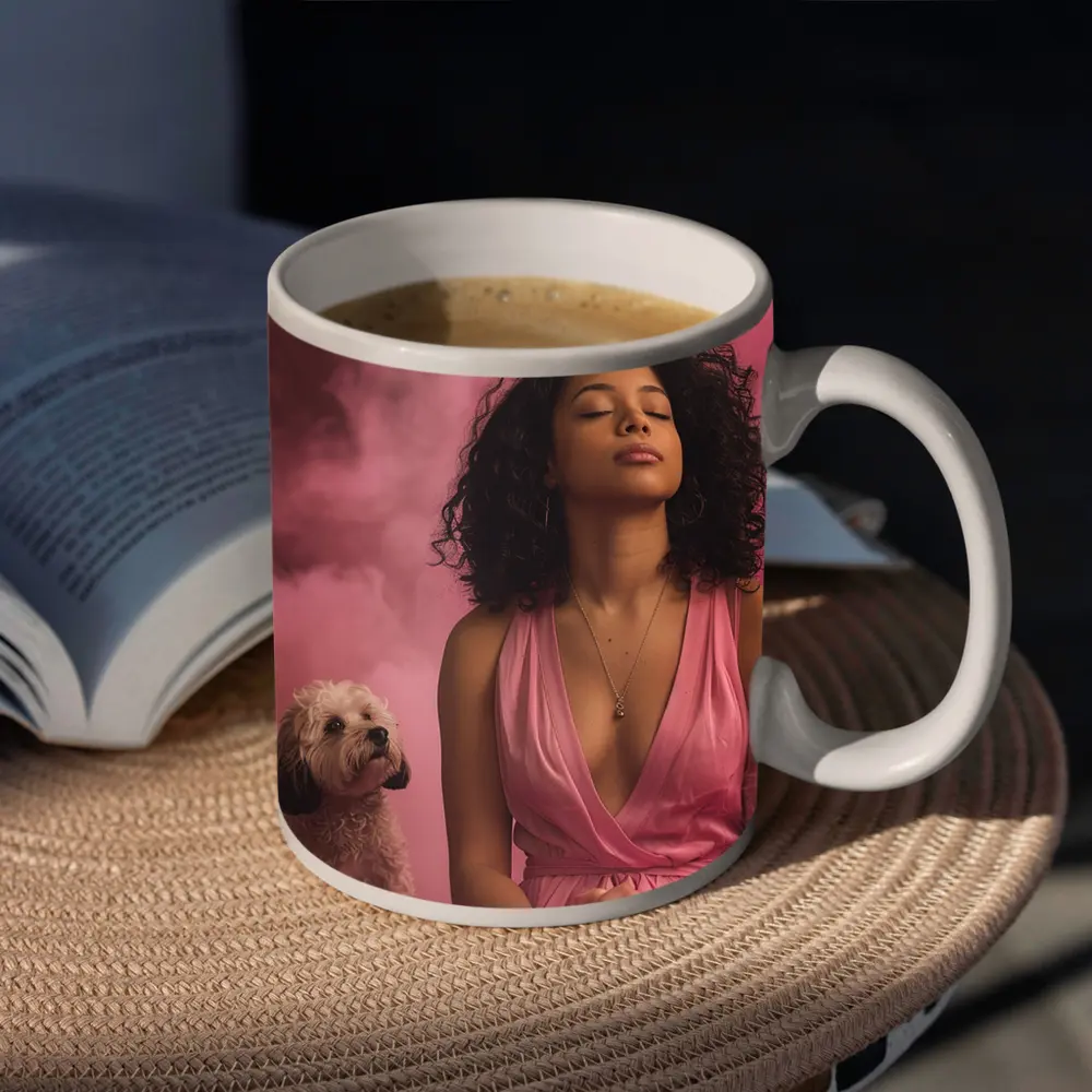 Woman Meditating With Fluffy Dog Pink Background – Mugs