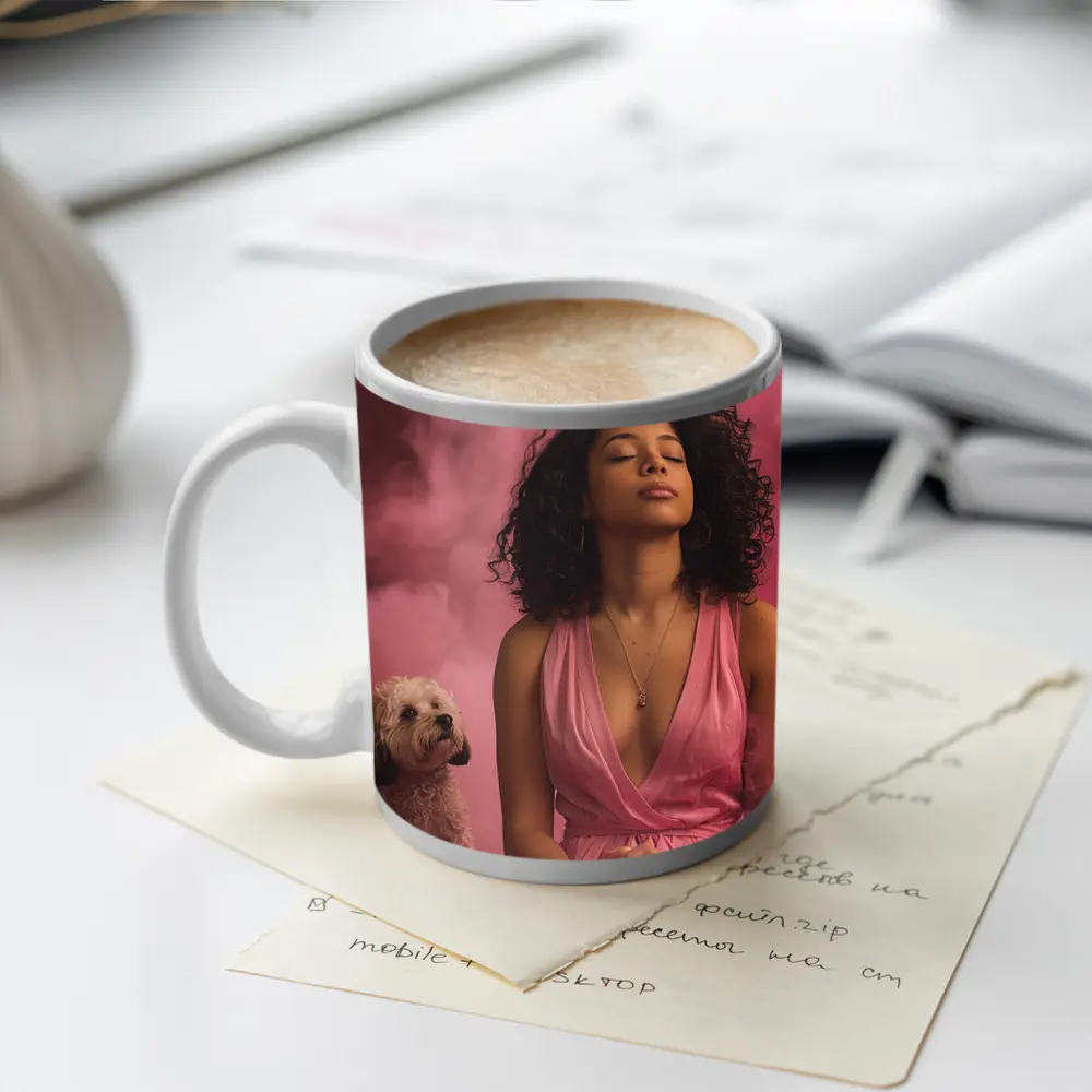 Woman Meditating With Fluffy Dog Pink Background – Mugs