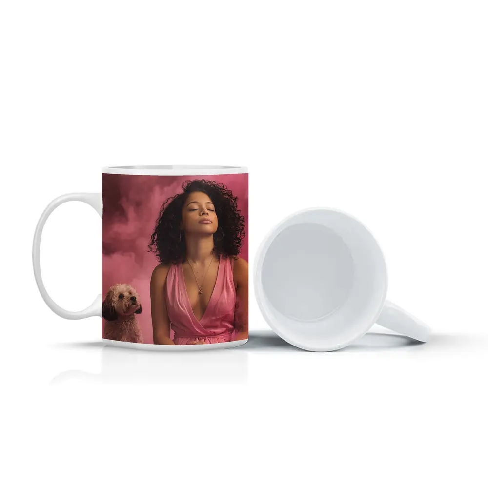 Woman Meditating With Fluffy Dog Pink Background – Mugs