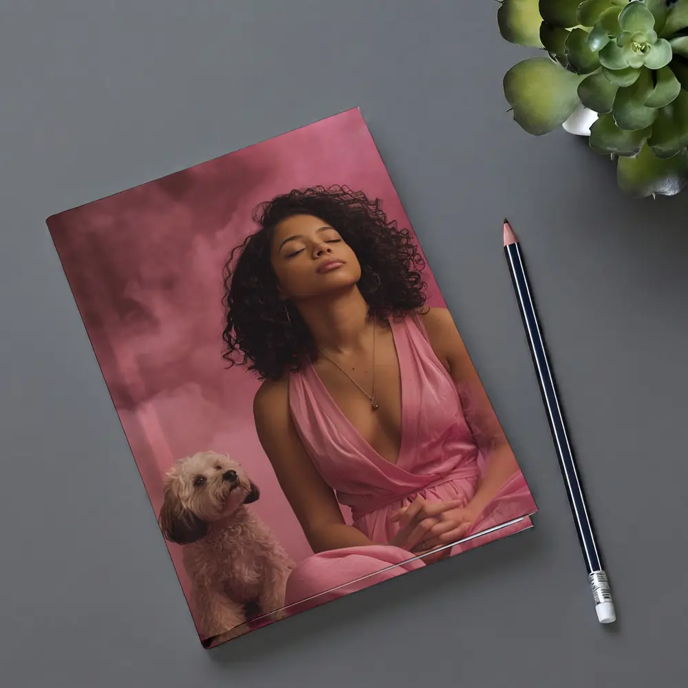 Woman Meditating With Fluffy Dog Pink Background – Notebooks