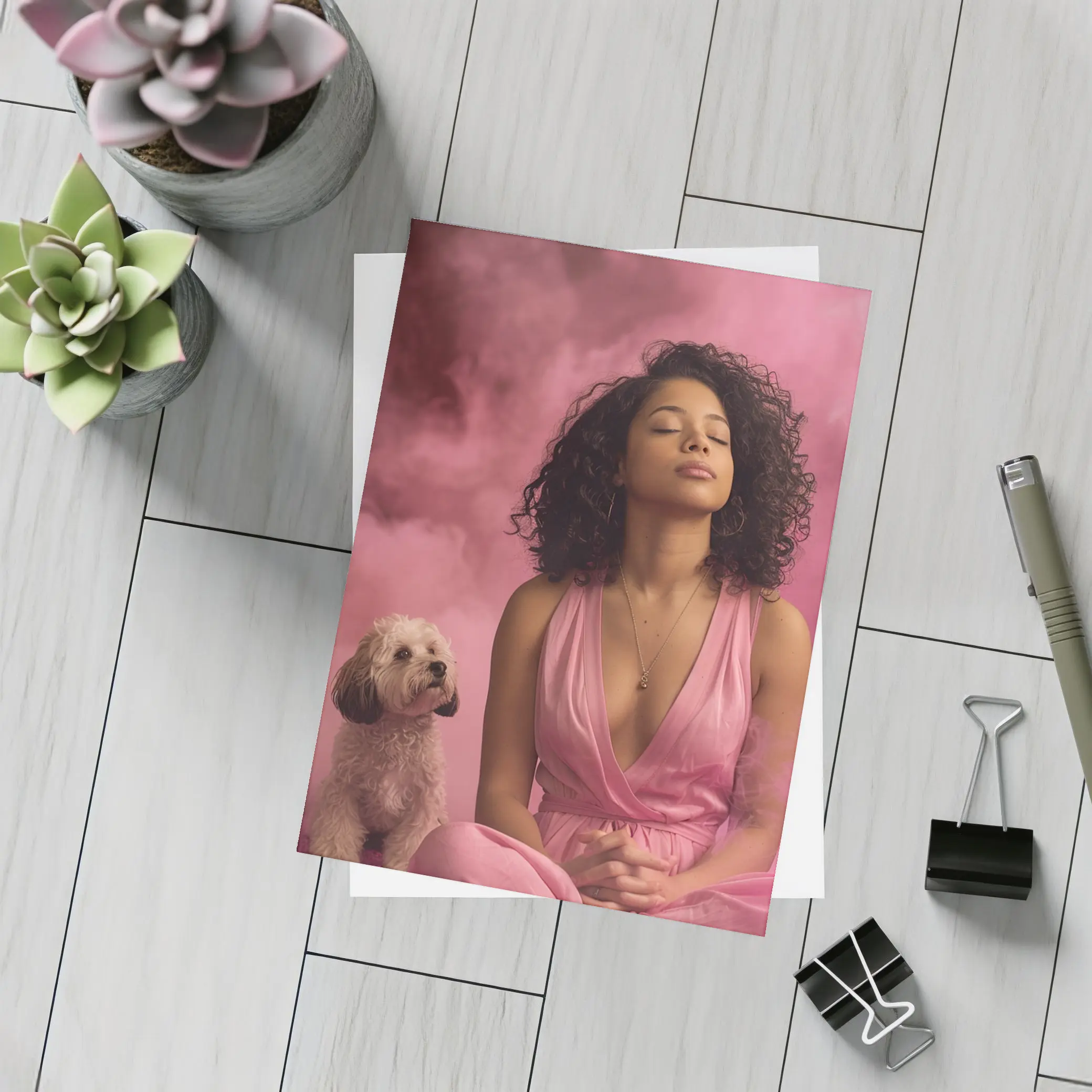 Woman Meditating With Fluffy Dog Pink Background – Postcards