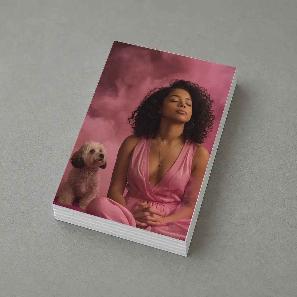 Woman Meditating With Fluffy Dog Pink Background – Postcards