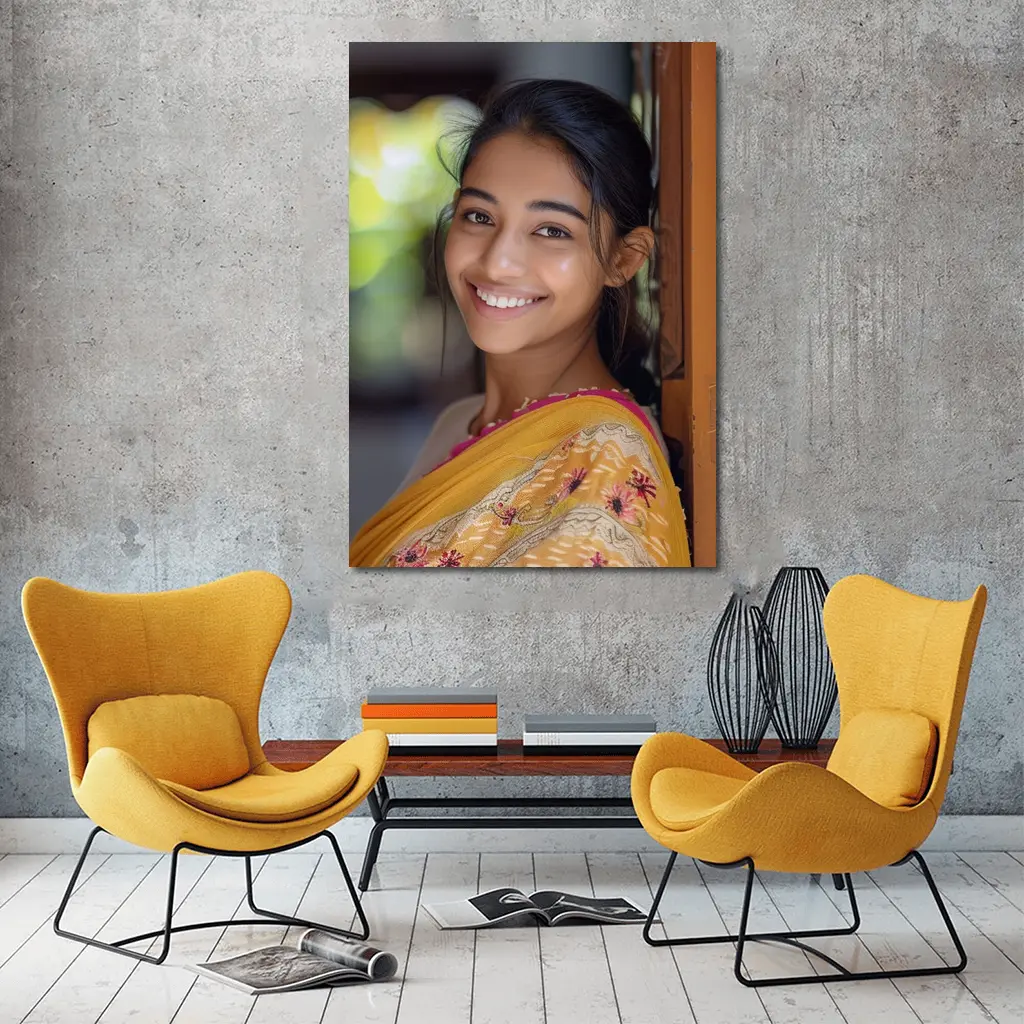 Young Indian Woman Smiling In Traditional Saree – Wall Art