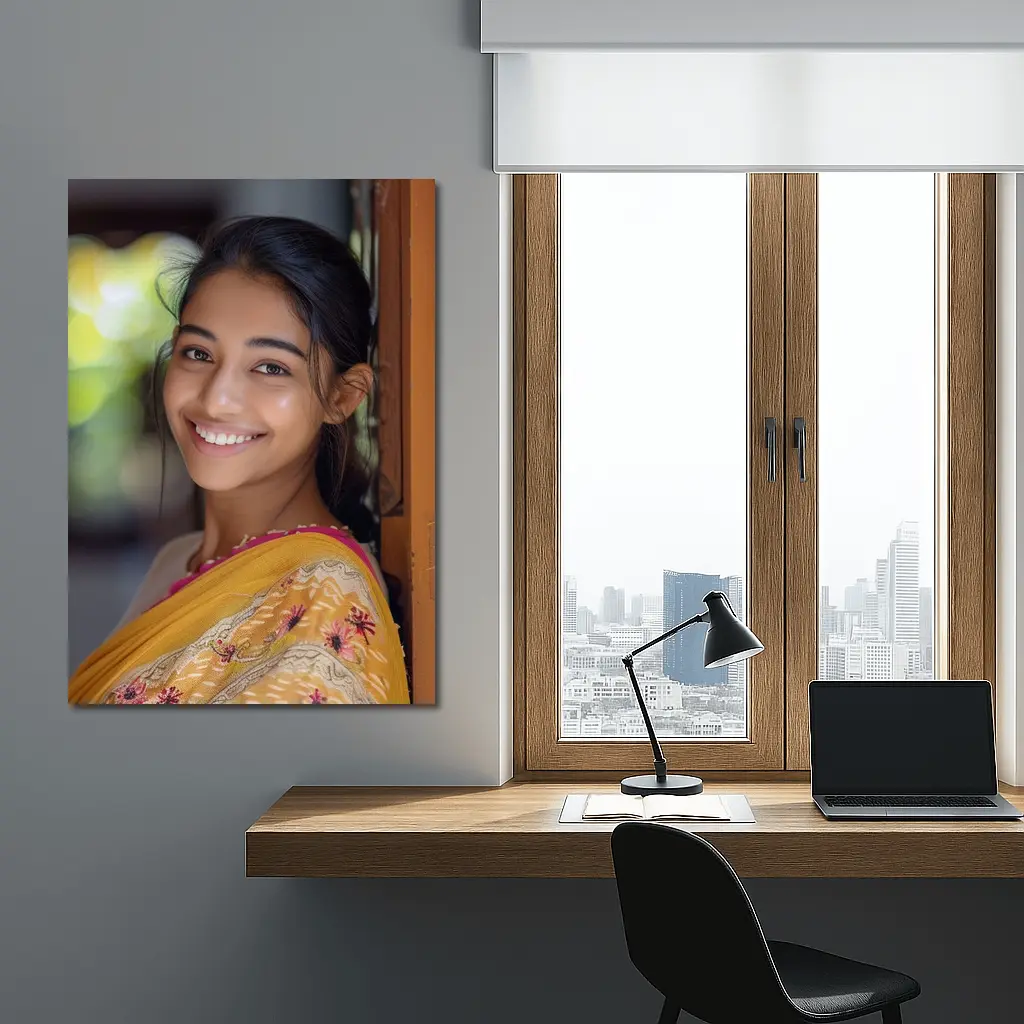 Young Indian Woman Smiling In Traditional Saree – Wall Art
