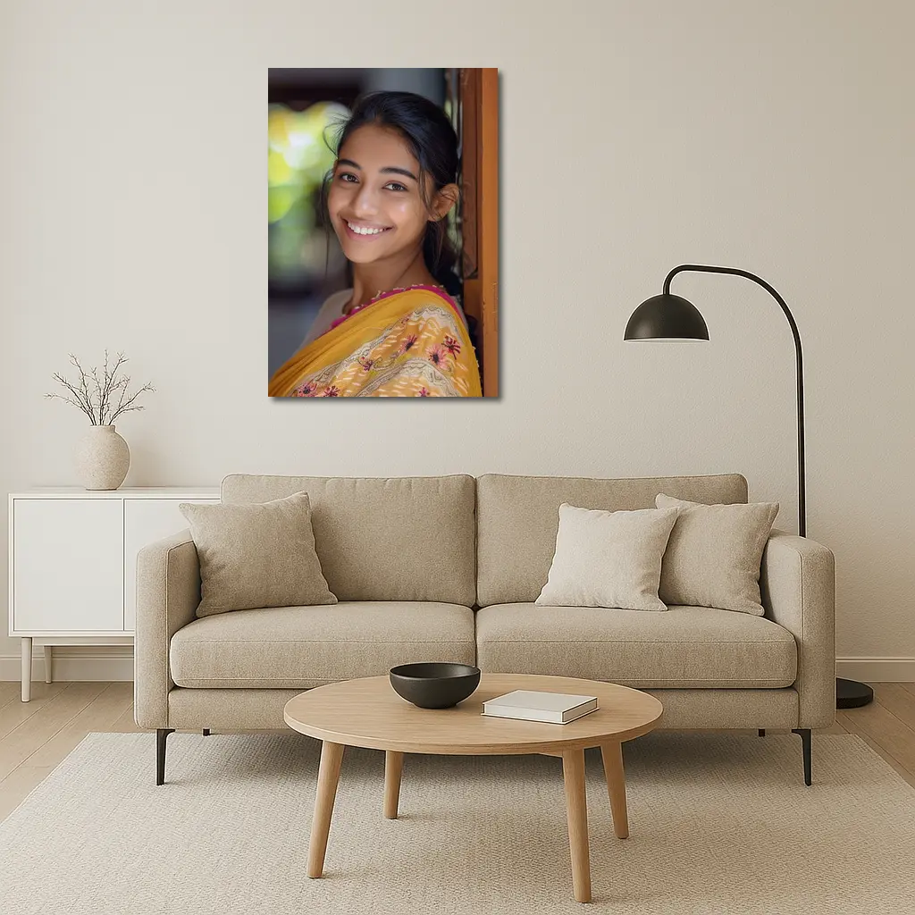 Young Indian Woman Smiling In Traditional Saree – Wall Art