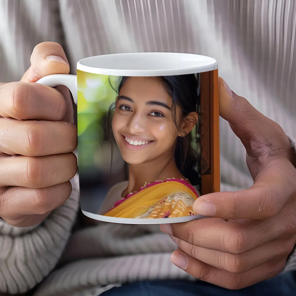 Young Indian Woman Smiling In Traditional Saree – Mugs