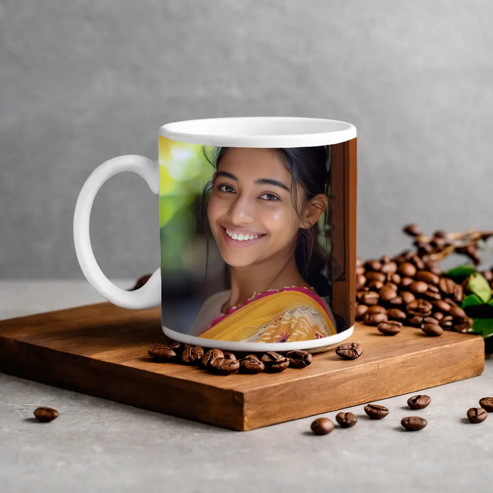Young Indian Woman Smiling In Traditional Saree – Mugs