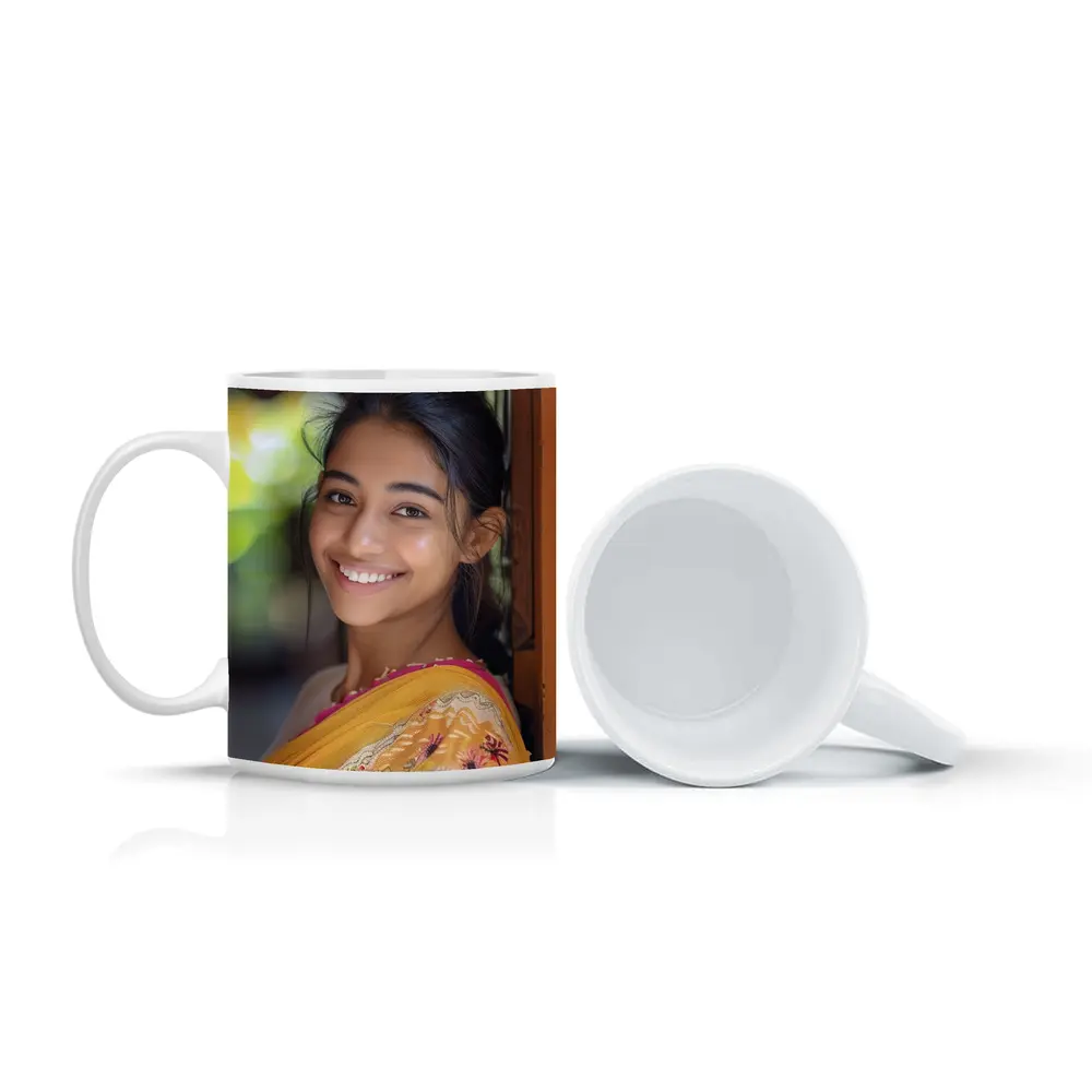 Young Indian Woman Smiling In Traditional Saree – Mugs