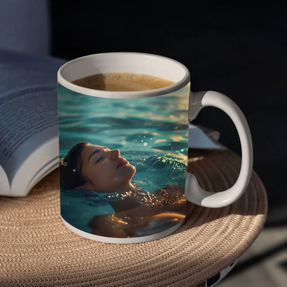 Woman Floating In Calm Ocean Water – Mugs