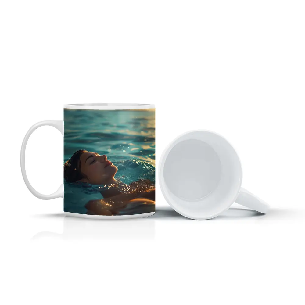 Woman Floating In Calm Ocean Water – Mugs